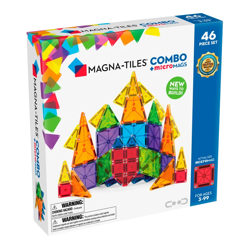Magna-Tiles Combo 46 τεμαχίων - Μπροστά όψη συσκευασίας με κατασκευή από πολύχρωμα μαγνητικά πλακίδια