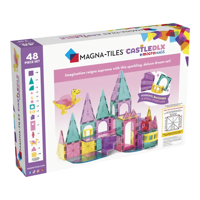 Magna-Tiles Castle Deluxe 48 τεμαχίων - Πίσω όψη συσκευασίας με κατασκευή κάστρου με μαγνητικά πλακίδια, ανθρώπινη φιγούρα, δράκο και λίστα περιεχομένων