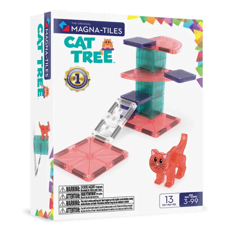 Magna-Tiles Cat Tree 13 τεμαχίων - Μπροστά όψη συσκευασίας με κατασκευή δέντρου γάτας από μαγνητικά πλακίδια και φιγούρα γάτας