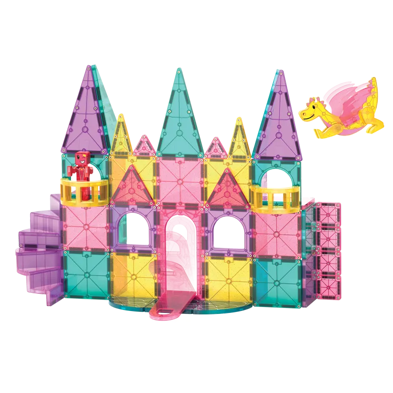 Magna-Tiles Castle Deluxe 48 τεμαχίων - Κατασκευή κάστρου με μαγνητικά πλακίδια, ανθρώπινη φιγούρα και δράκο
