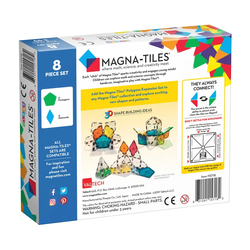 Magna-Tiles Polygon Expansion 8 τεμαχίων - Πίσω όψη συσκευασίας με δείγματα κατασκευών από μαγνητικά πολύγωνα πλακίδια και λίστα περιεχομένων