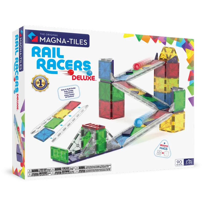 Magna-Tiles Rail Racers Deluxe 90 τεμαχίων - Μπροστινή όψη συσκευασίας με κατασκευή ραμπών από μαγνητικά πλακίδια και μπάλες σε κίνηση