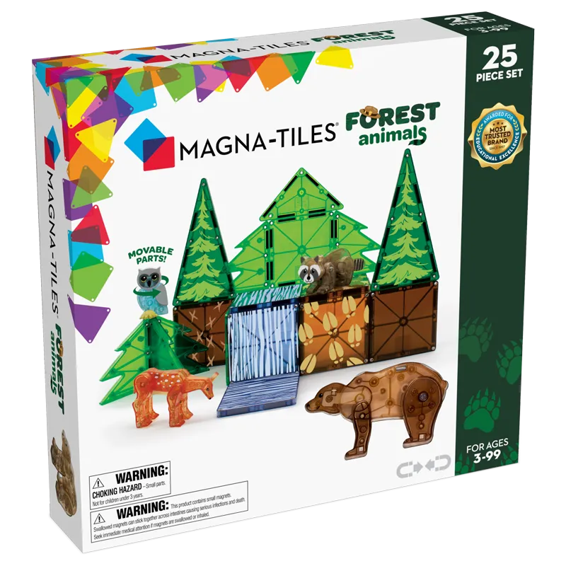 Magna-Tiles Forest 25 τεμαχίων - Μπροστά όψη συσκευασίας με κατασκευή με μαγνητικά πλακίδια και ζώα: αρκούδα, ρακούν, ζαρκάδι και κουκουβάγια