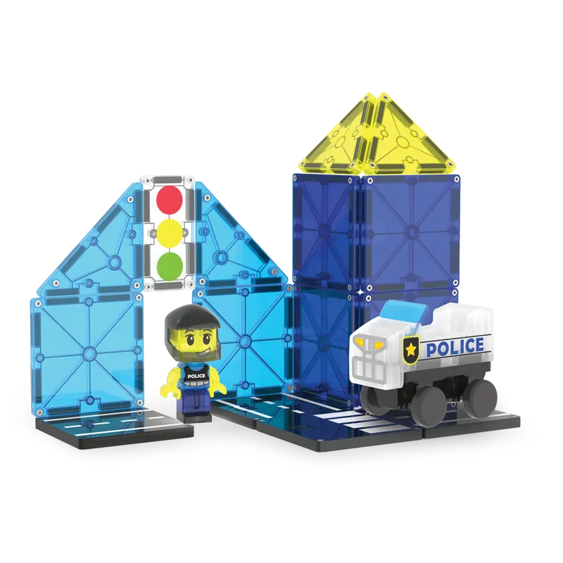 Magna-Tiles Police Patrol 20 τεμαχίων - Περιεχόμενα συσκευασίας με αστυνομικό τμήμα, μαγνητικά πλακίδια, φιγούρα και αυτοκίνητο αστυνομικού