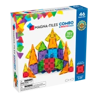 Magna-Tiles Combo 46 τεμαχίων - Μπροστά όψη συσκευασίας με κατασκευή από πολύχρωμα μαγνητικά πλακίδια